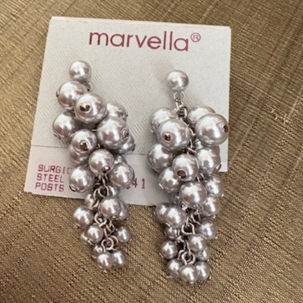 Marvella - dangling cluster of grey faux pearls earrings-Pierced